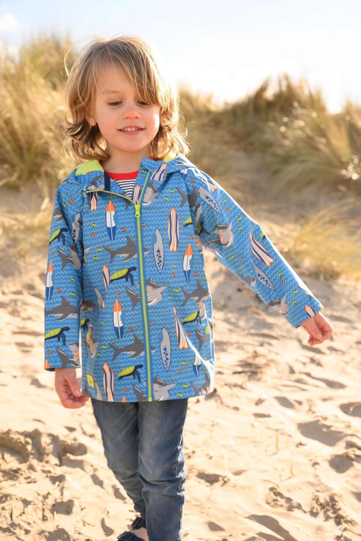 Ethan. Boys Waterproof Jacket Shark Surf Print Lighthouse Target Dry