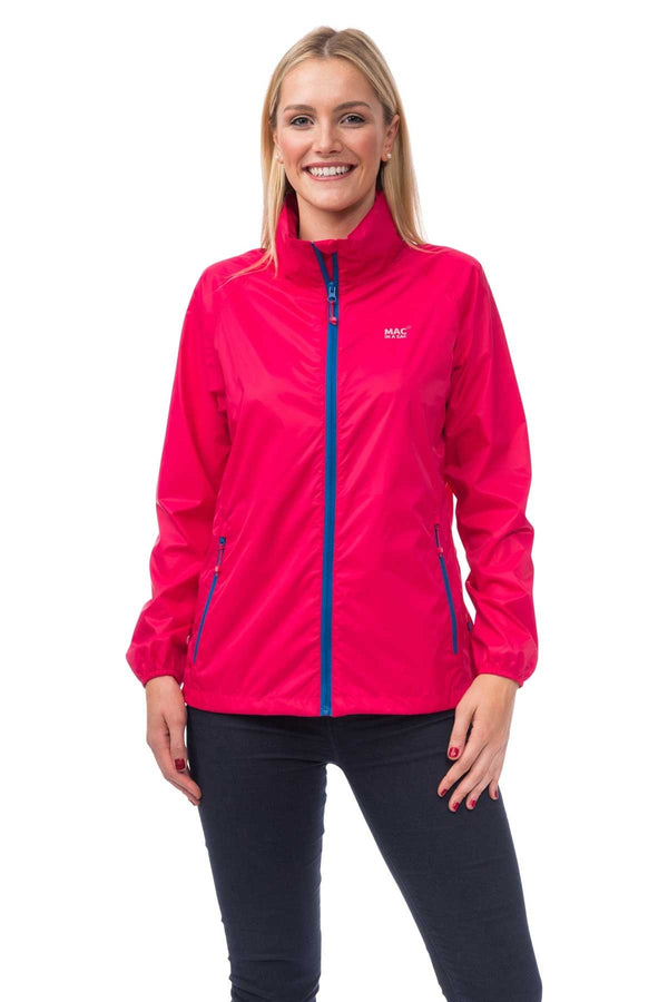 Mac in a Sac Origin, Unisex Waterproof Packaway Jacket, Magenta worn by model (front view)